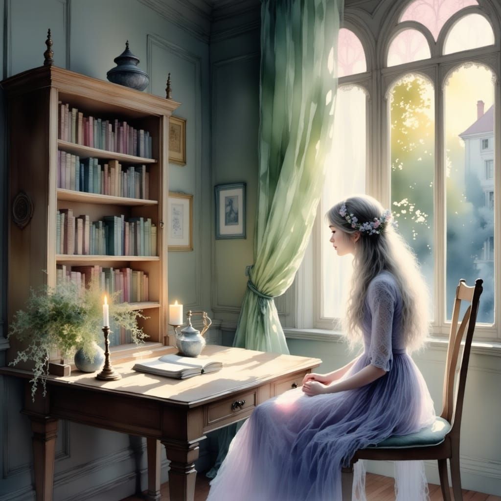 Norse Goddess Sits in Ancient Study with Candlelight