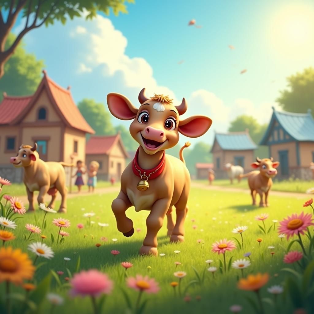 Charming Calf Frolics in Sunny Indian Village