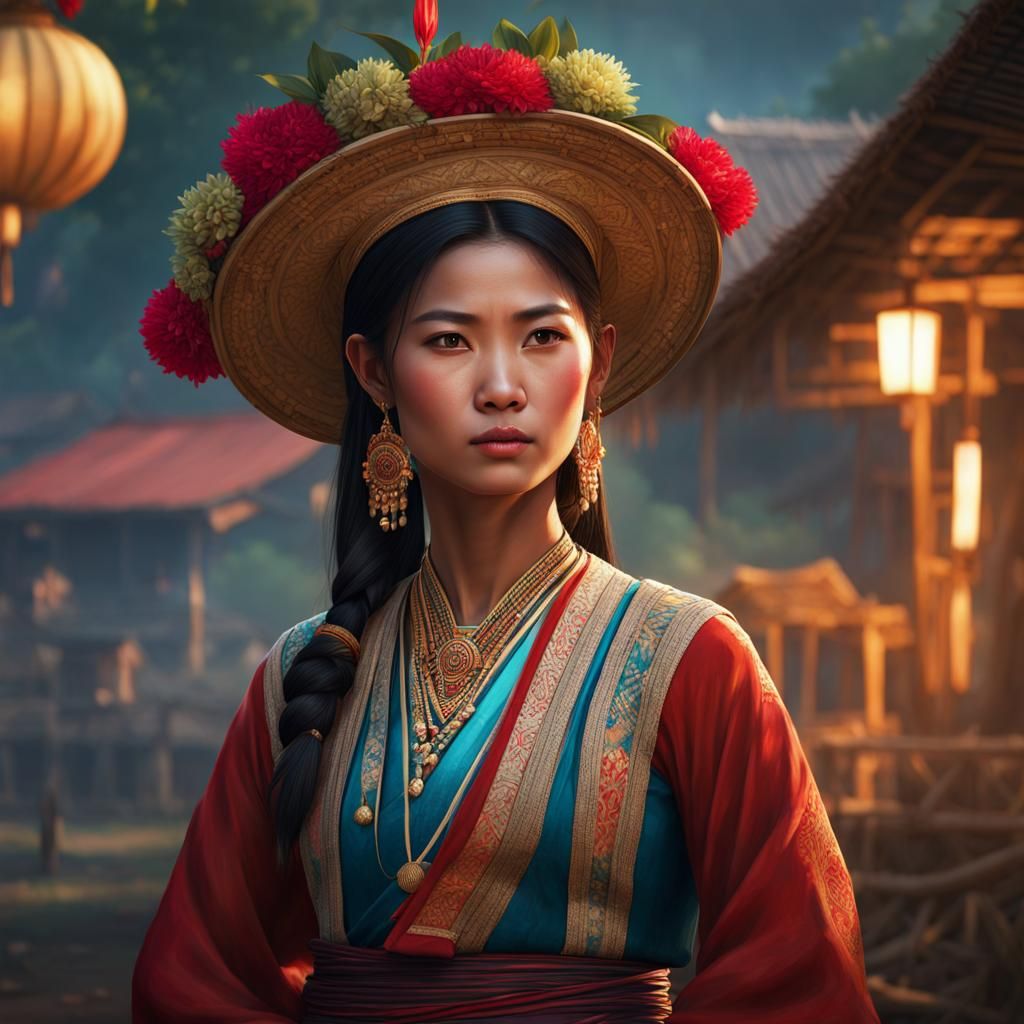 Laotian Woman Portrait in Hyperdetailed Style