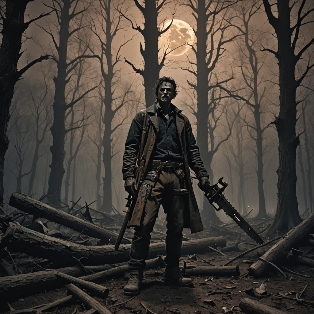 Eerie Forest Figure with Chainsaw in Dark Fantasy Style