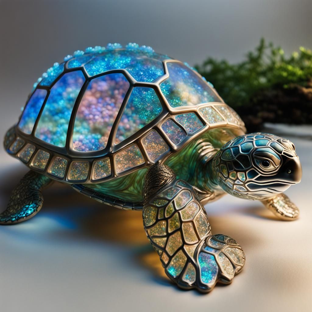 Bioluminescent Crystal Turtle Sculpture in Sparkling Fantasy...