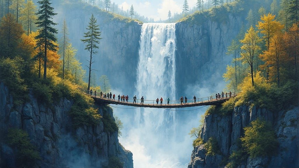 Epic Oil Painting of a Gigantic Waterfall with Hikers