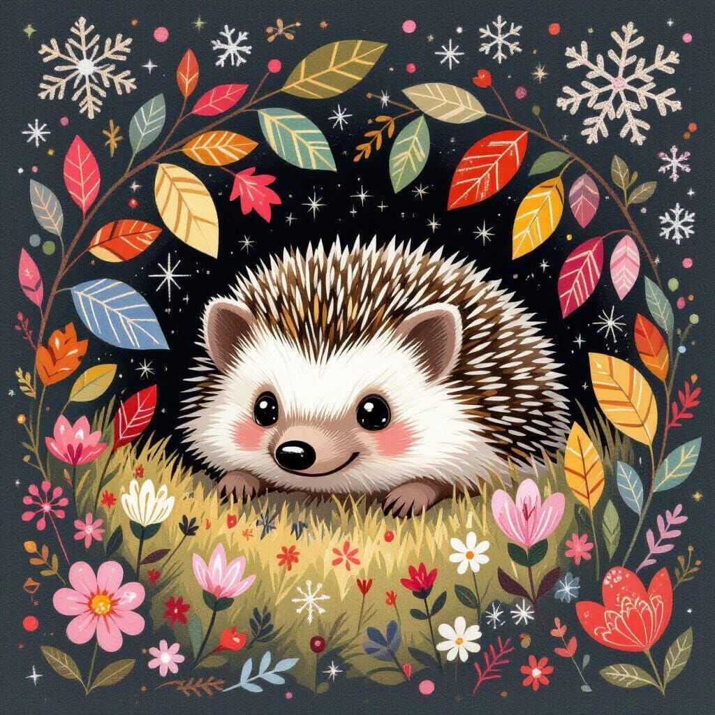 Whimsical Hedgehog Emerges from Leafy Den in Mary Blair Styl...