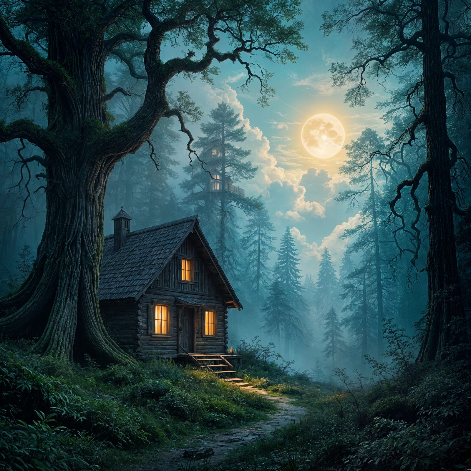Enchanted Forest Cabin Under Nebula Sky
