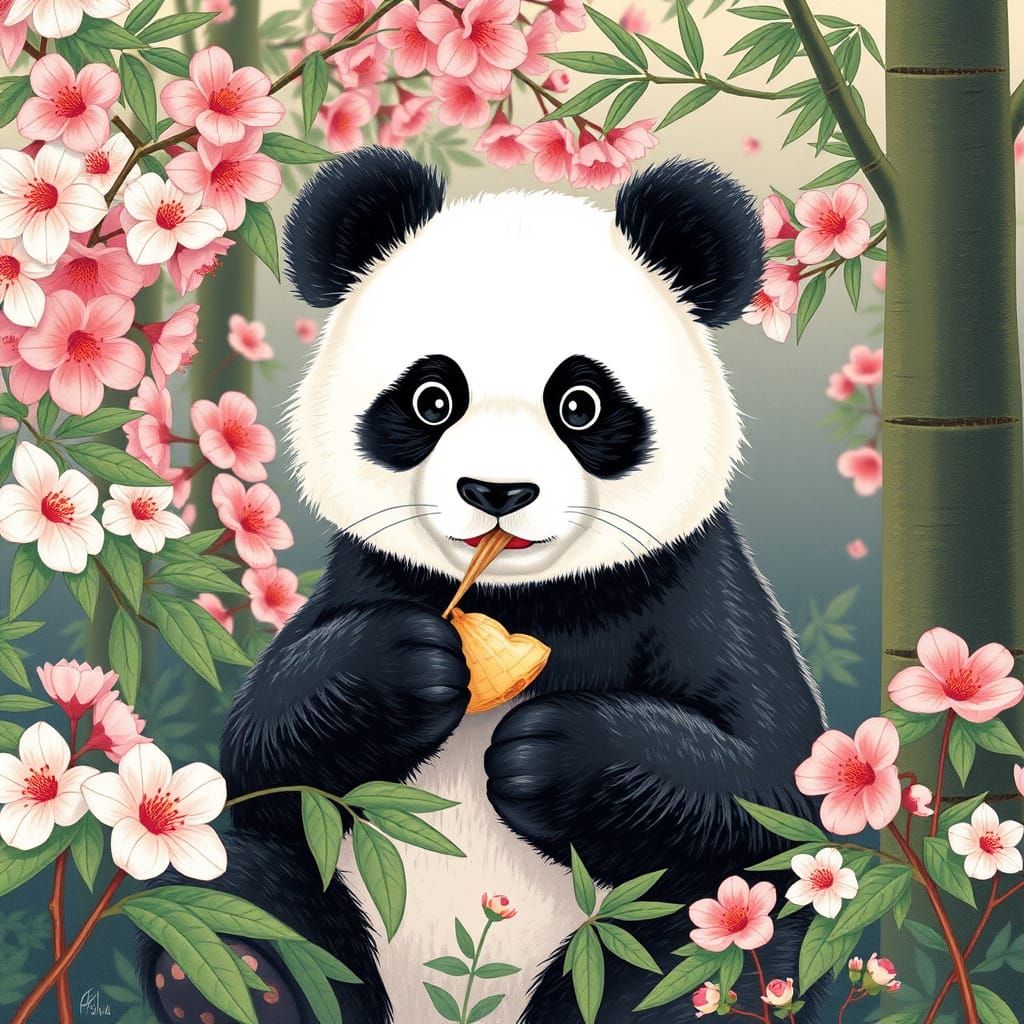 Surreal Panda Baby Eats Bamboo in Japanese Garden with Cherr...