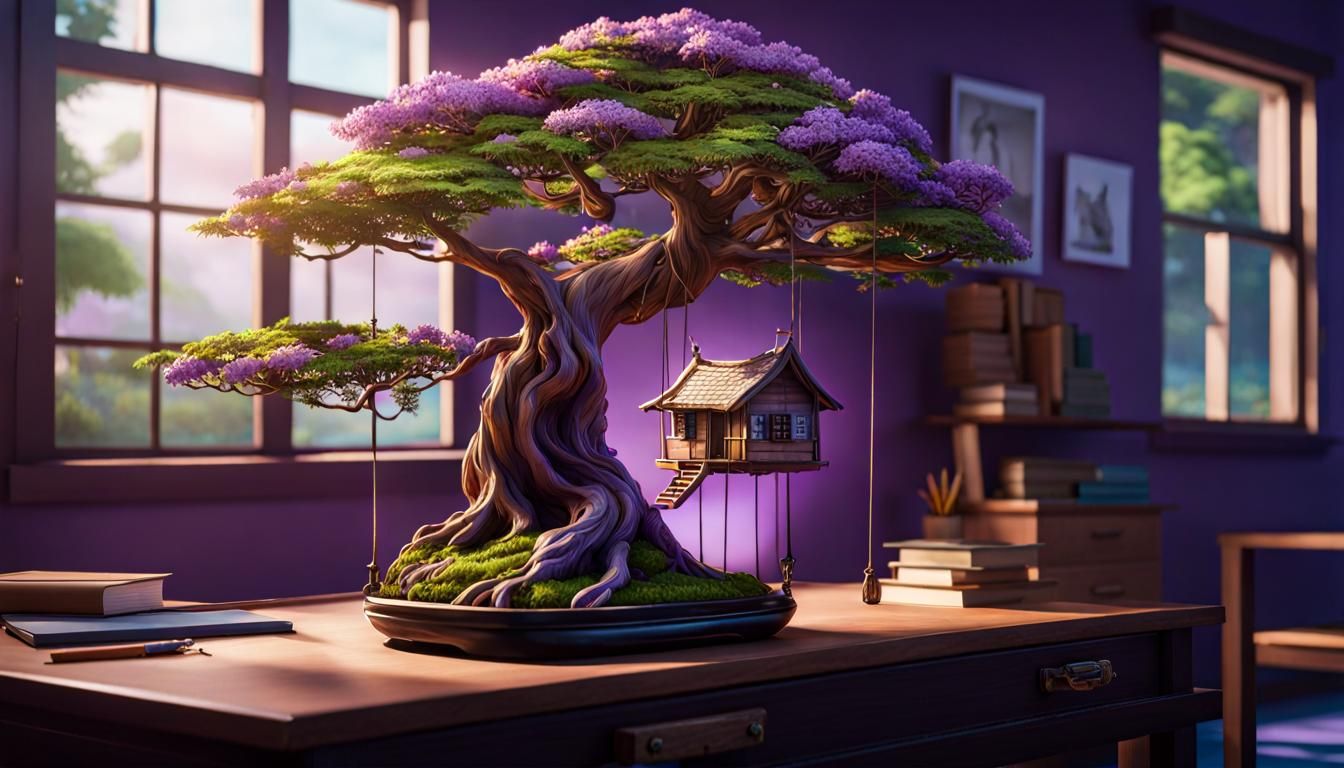 Jacaranda Bonsai Treehouse in Hyperrealistic Splash Art