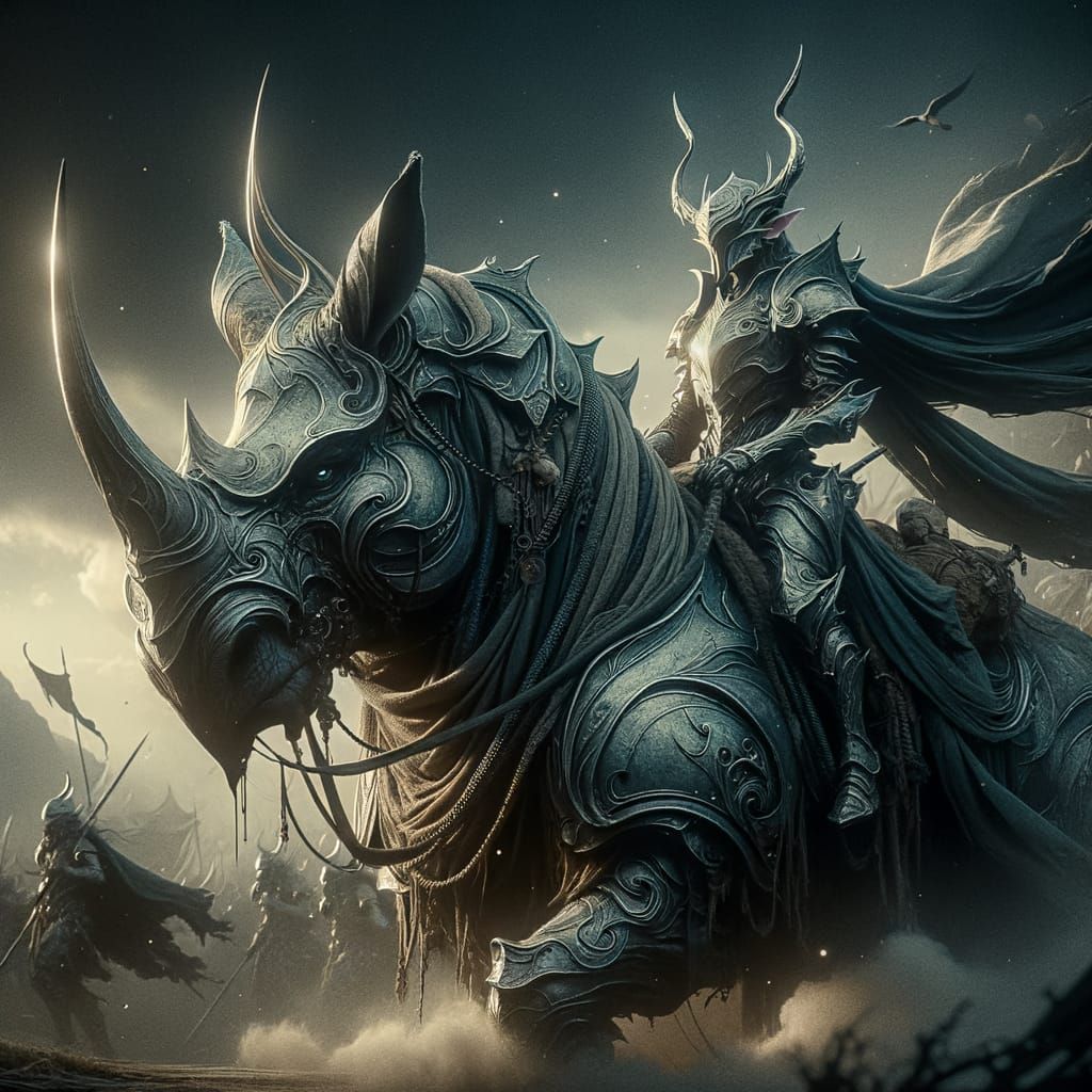 Elf on War Rhino in Dark Fantasy Battle