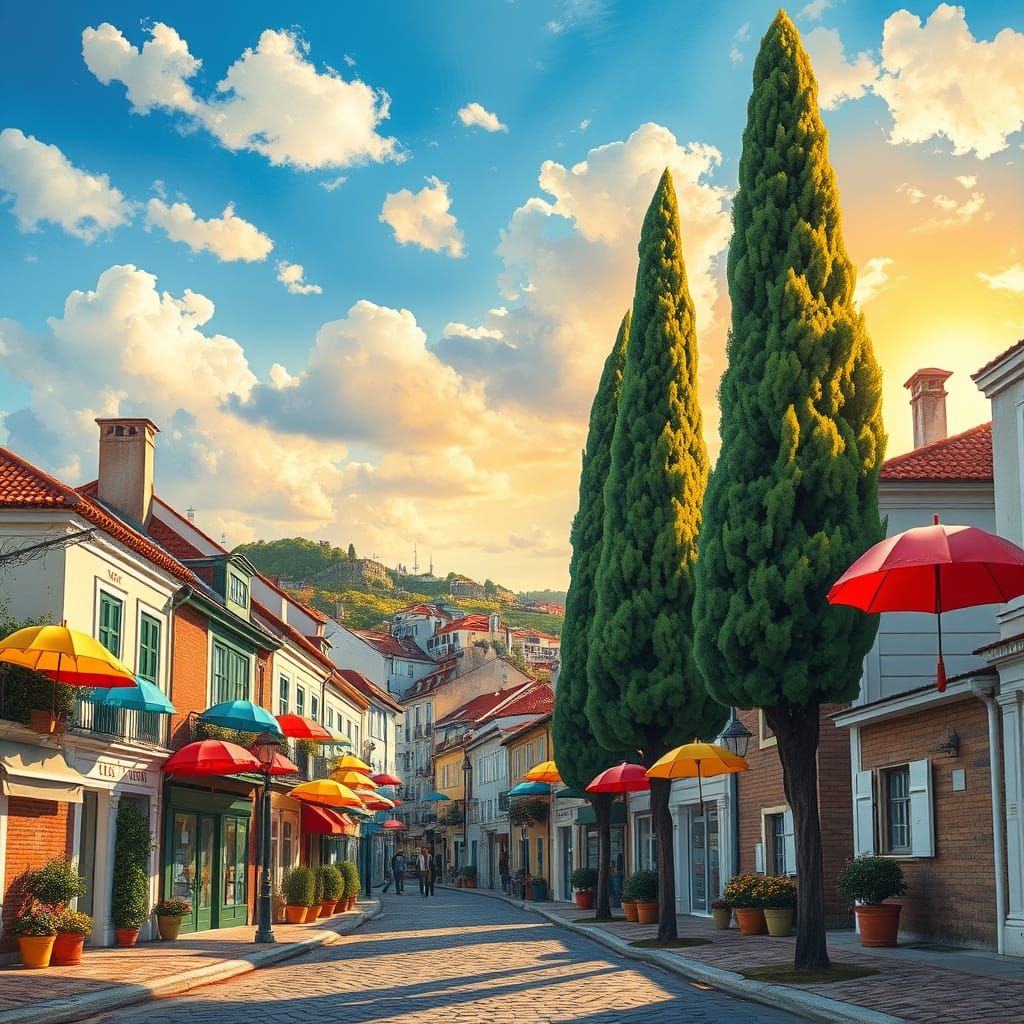 Whimsical Lisbon Street Scene in Impressionist Style