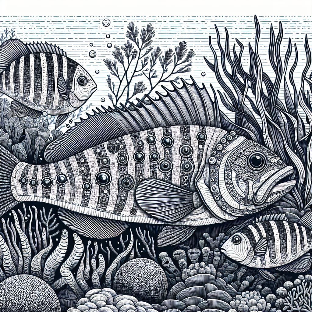 Detailed Underwater Scene Illustration with Intricate Linewo...