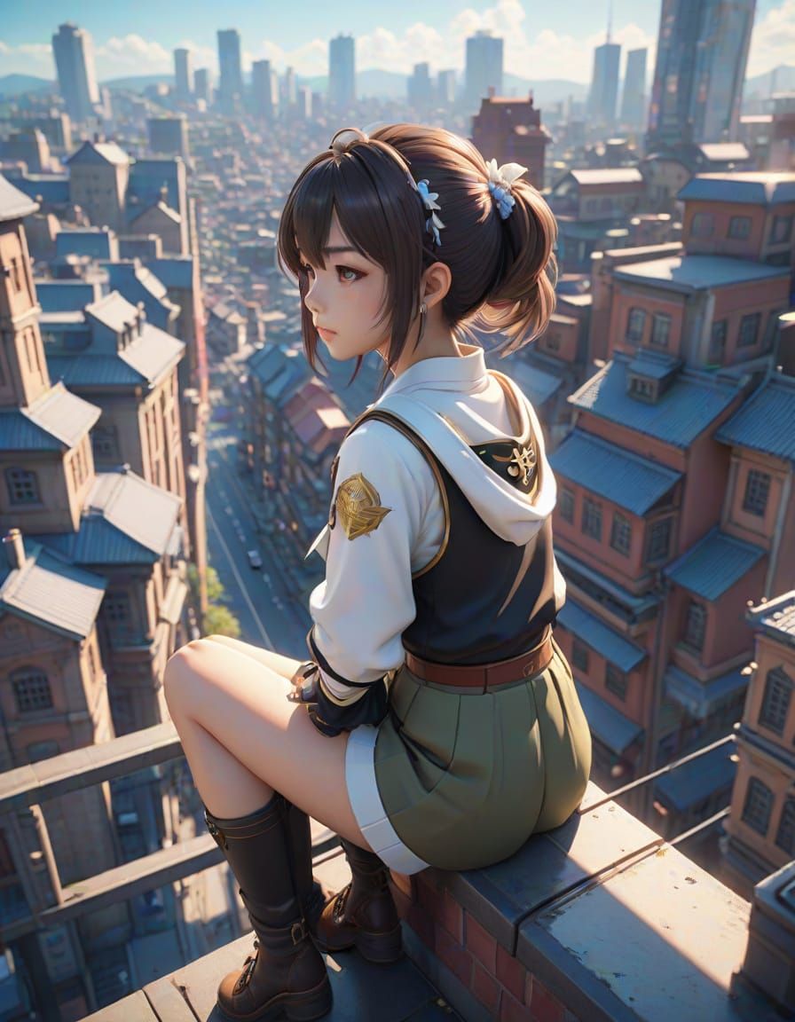 A girl sitting on the edge of a high rise building.