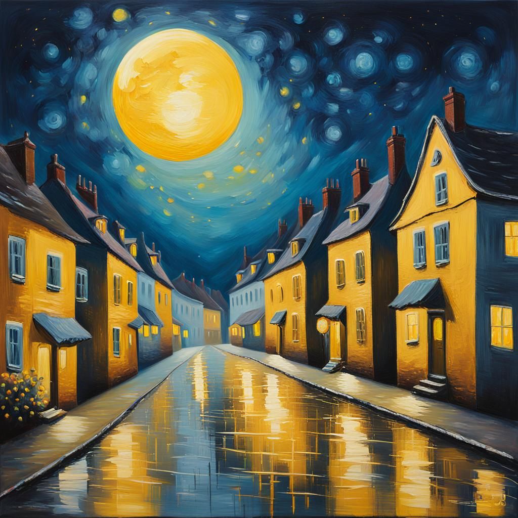 Dreamy Night Street Scene in Acrylic Painting Style