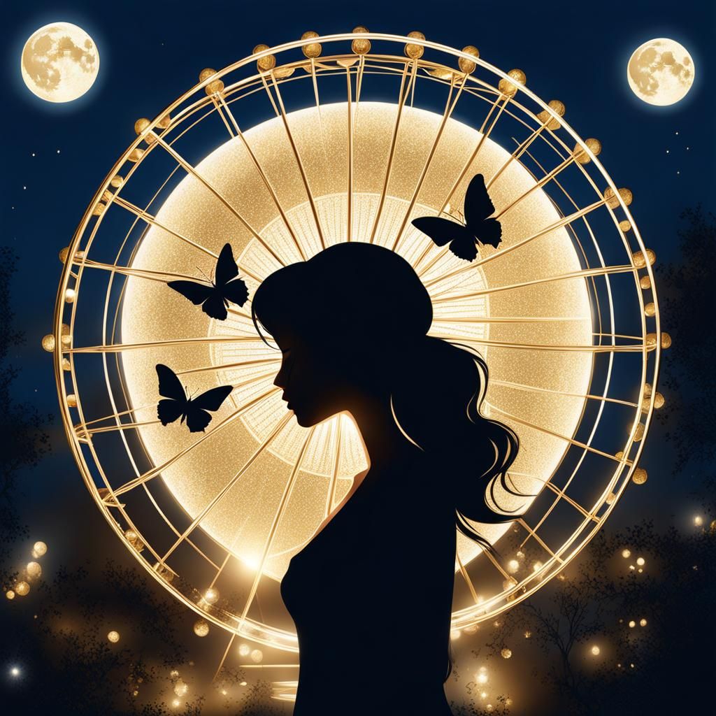 Double Exposure: Woman, Ferris Wheel, Moon