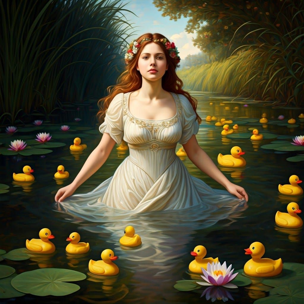 Dreamlike Scene of Woman Swimming with Bath Duckies in Seren...