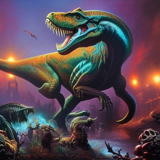 Dystopian T-Rex in Dark Academia Style