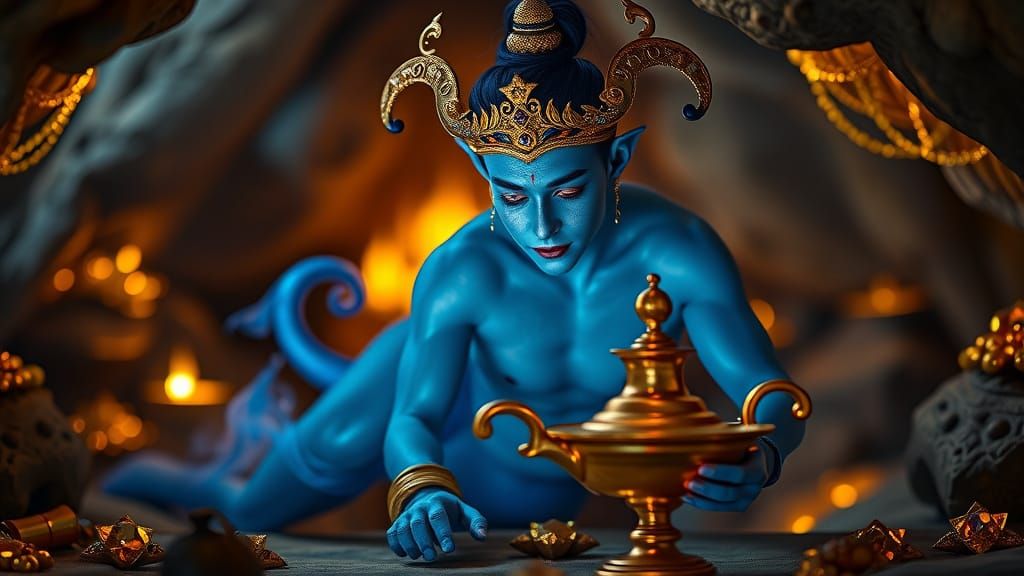 Mystical Blue Jinn Portrait with Golden Lamp