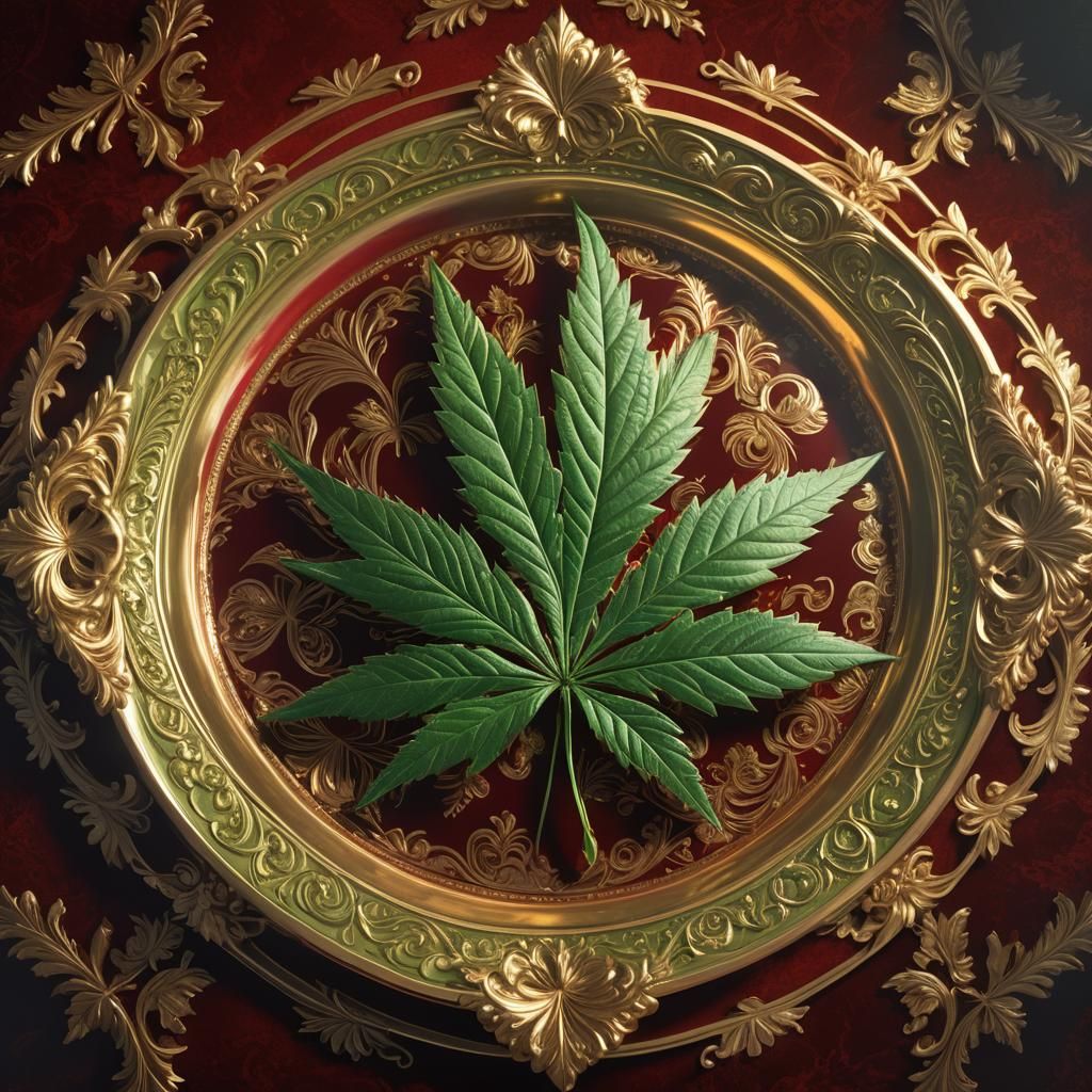 Marijuana Leaf on Gold Platter: Matte Painting