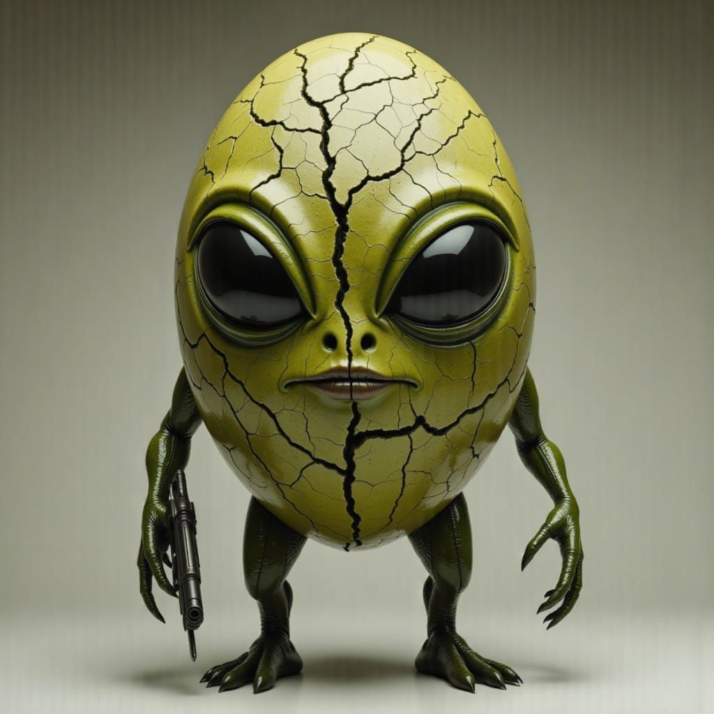 Green Cracked Alien Holding Gun in Sci-Fi Style