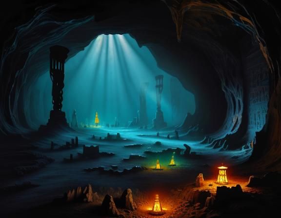 Mystical Ancient Cave Interior in Oil Painting