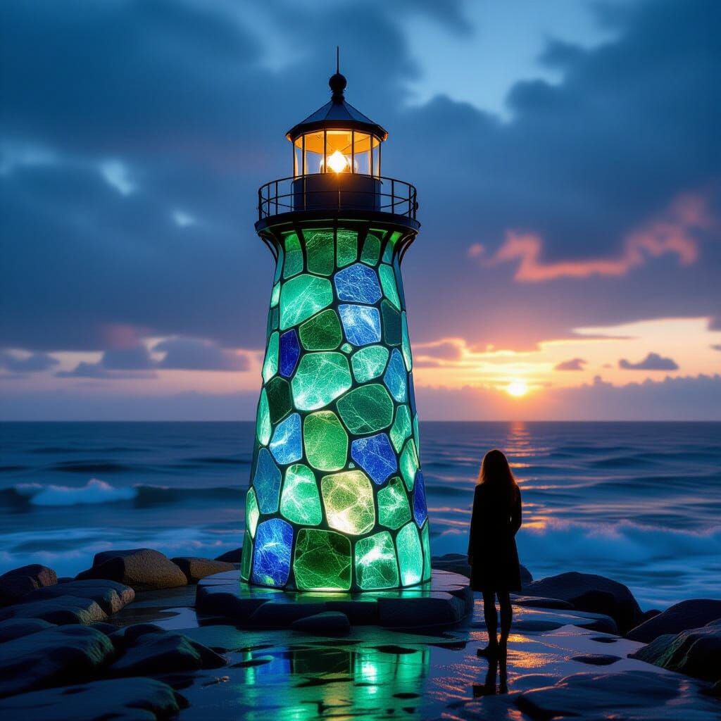 Emerald Lighthouse Against Dramatic Seascape