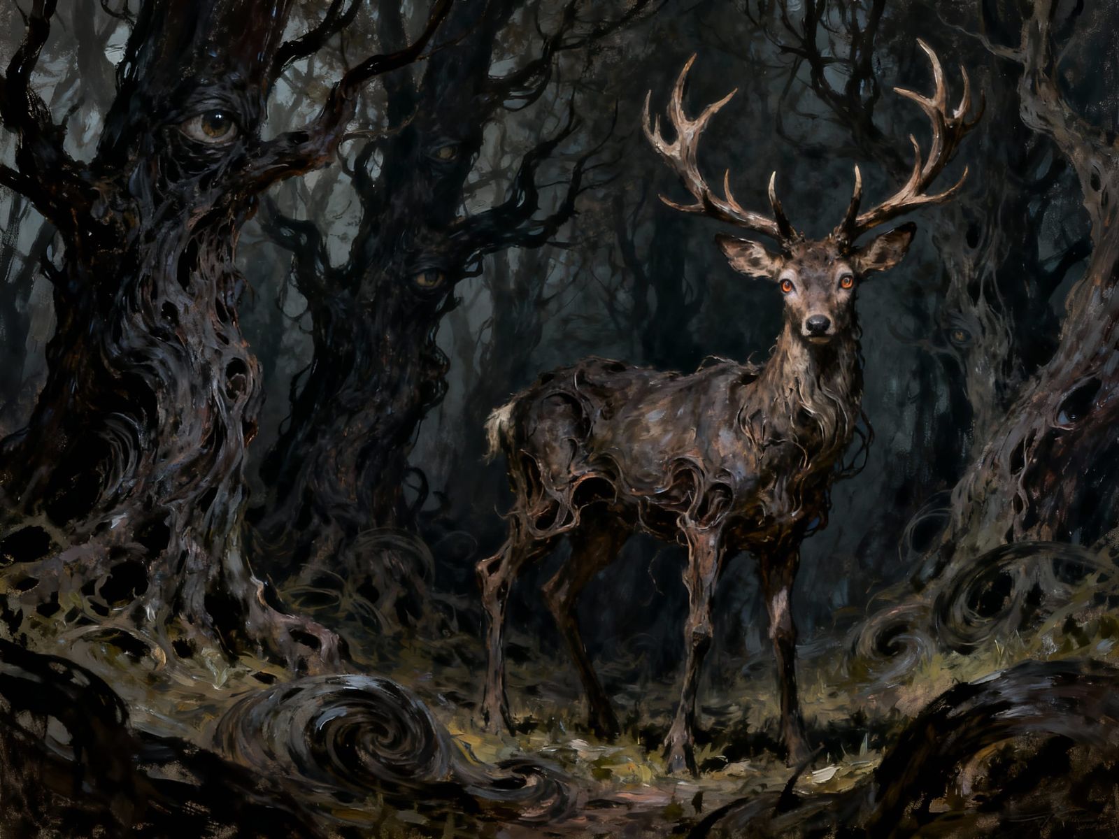 Surreal Forest Scene With Malevolent Eyes and Deformed Deer