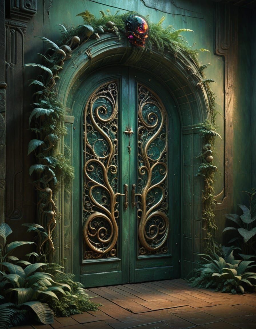 green door with swirling gemstone