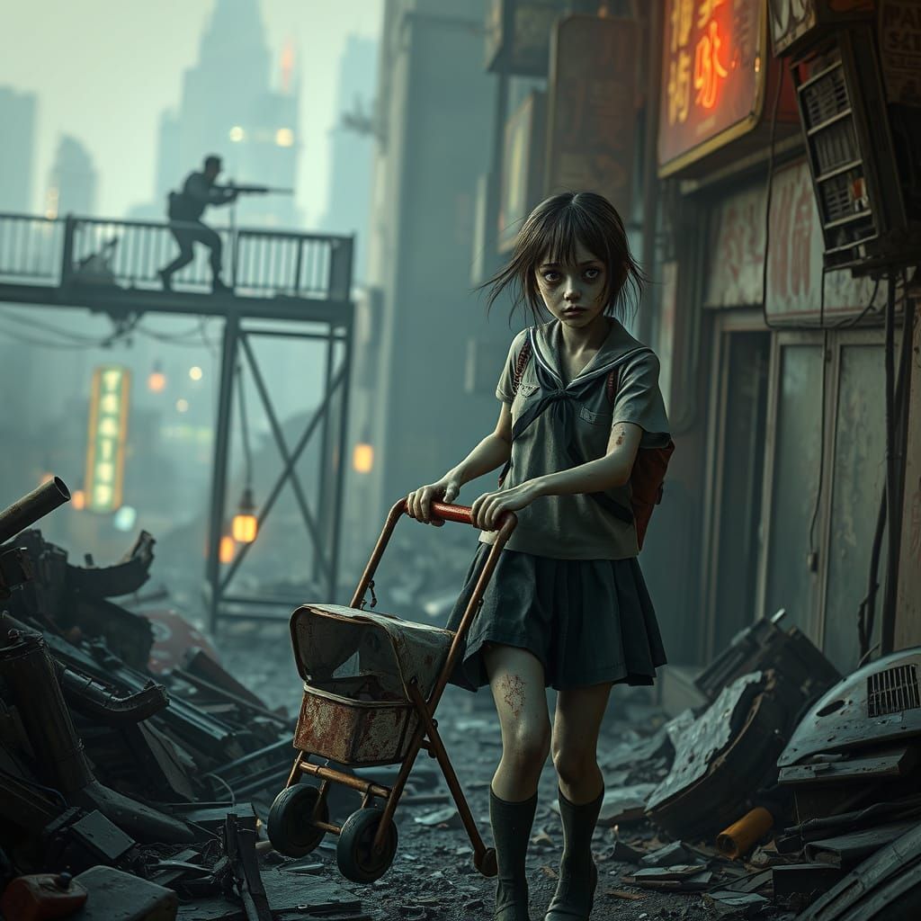 Zombie Girl Amidst Post-Apocalyptic Ruins in Cyberpunk Style