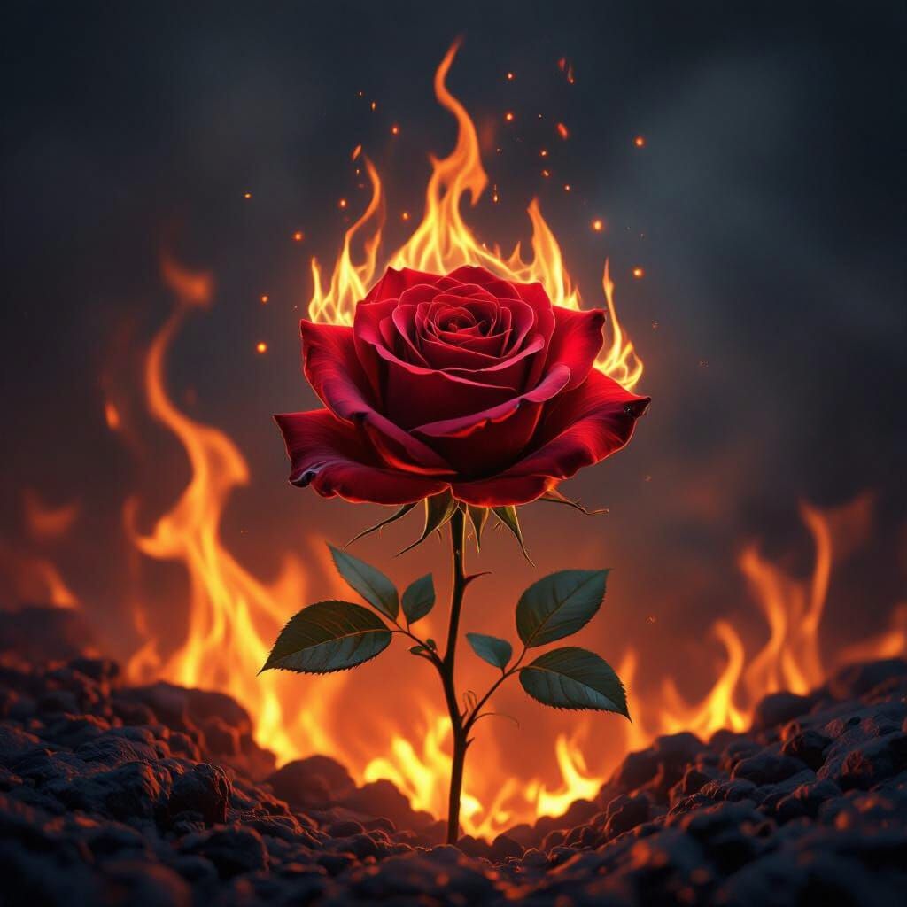 Vibrant Red Rose Blooming in Swirling Flames