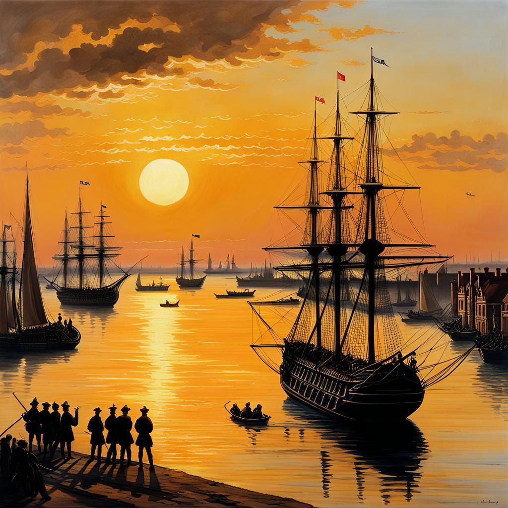 Sunset at Portsmouth Harbour, Maritime Painting