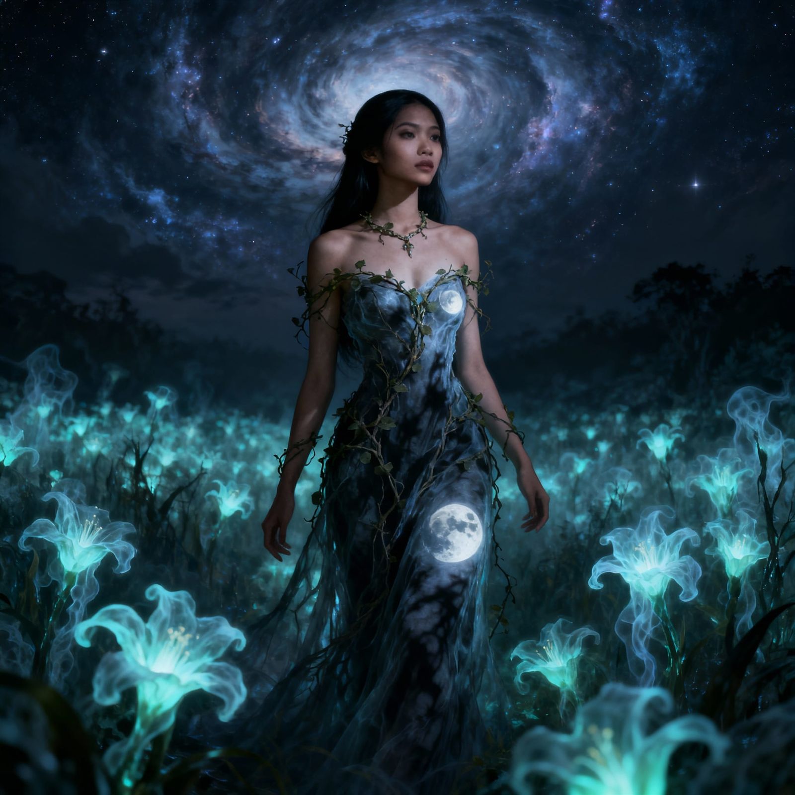 Spectral Filipina Queen in Moonlit Garden