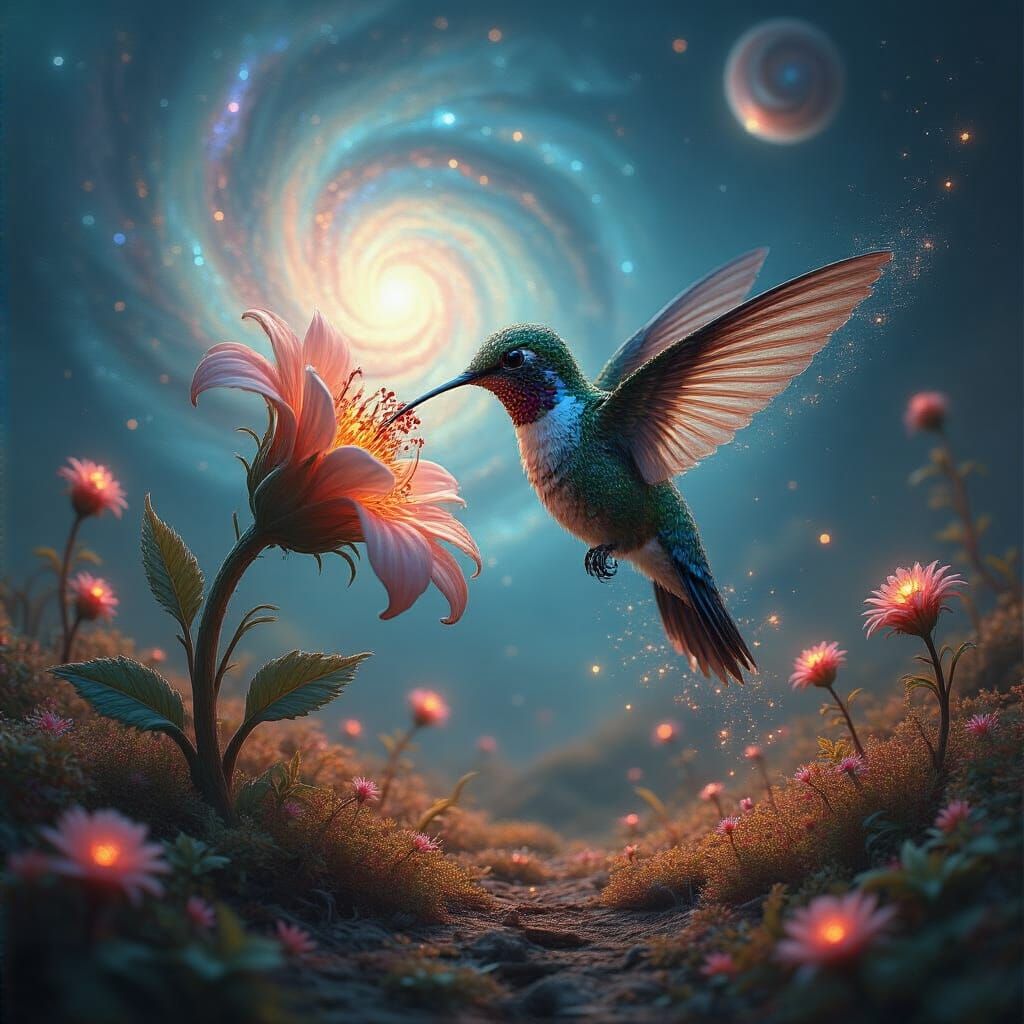 Celestial Hummingbird Amidst Galactic Flora