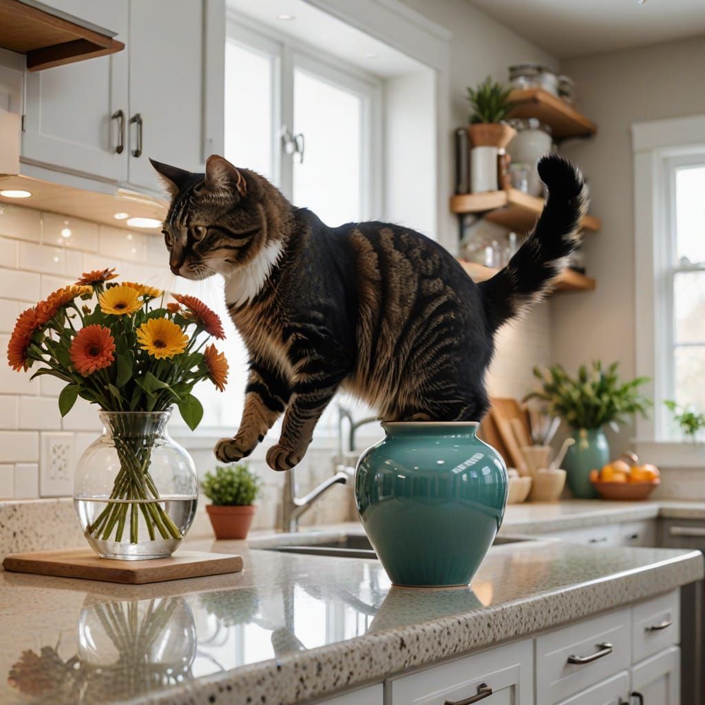 mischievous cat jumping out of vase