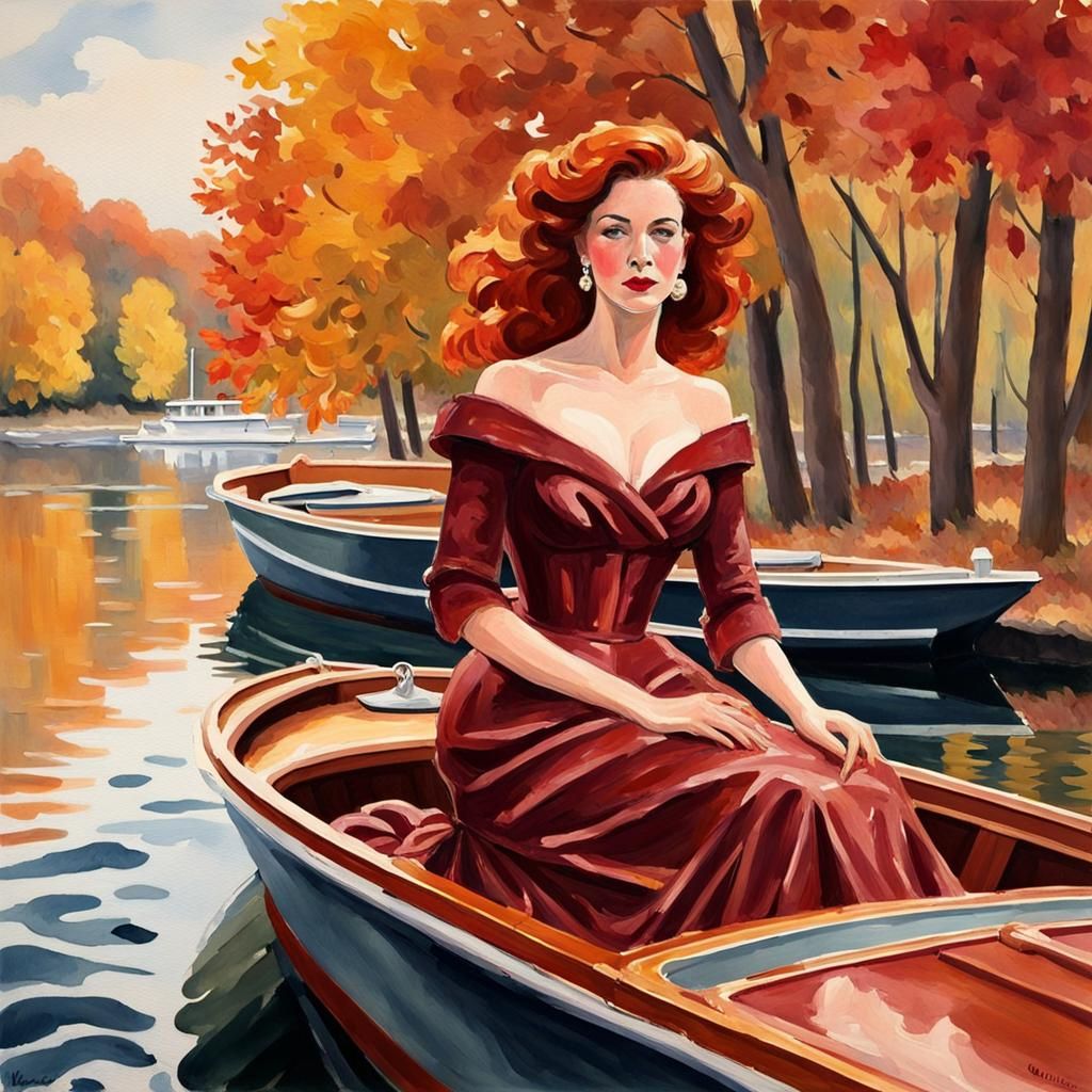 Elegant Woman on Boat in Gouache Style