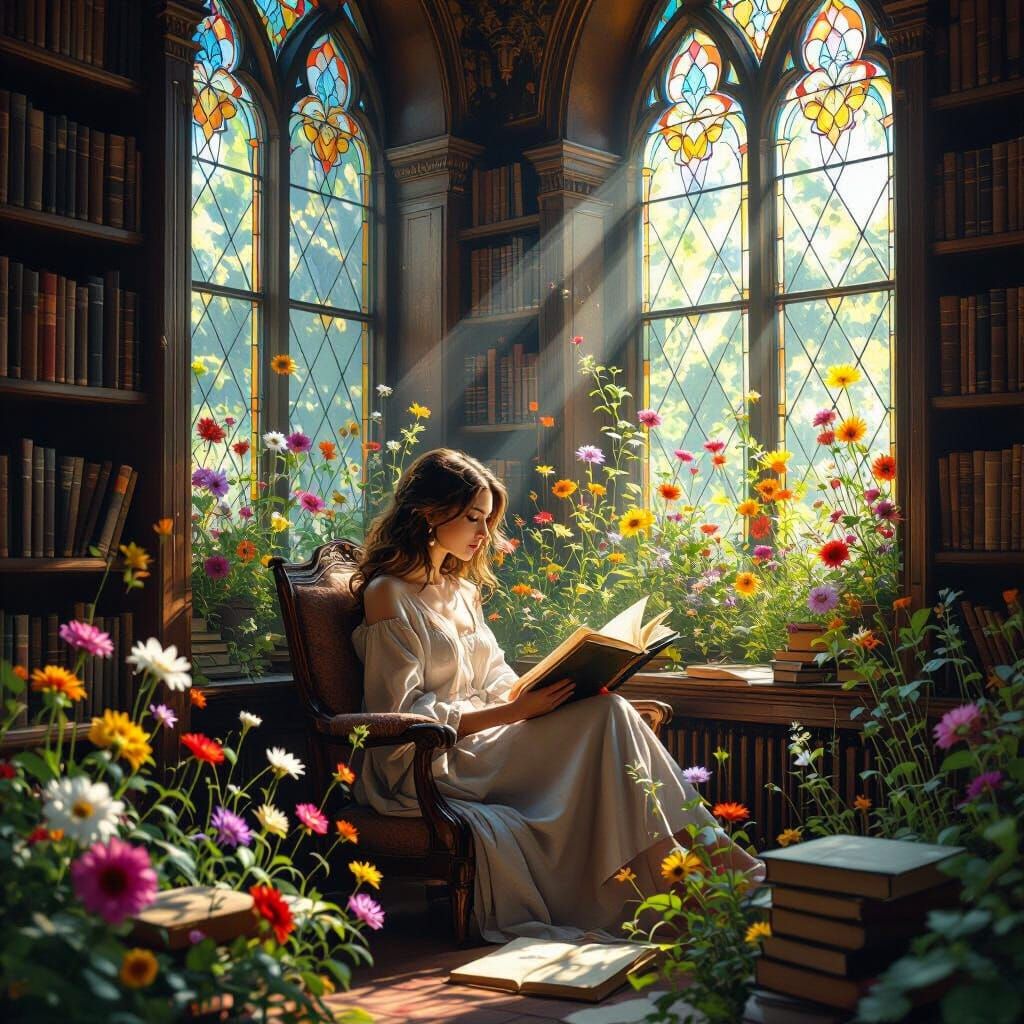 Woman in Library with Blooming Books, Dreamy Art