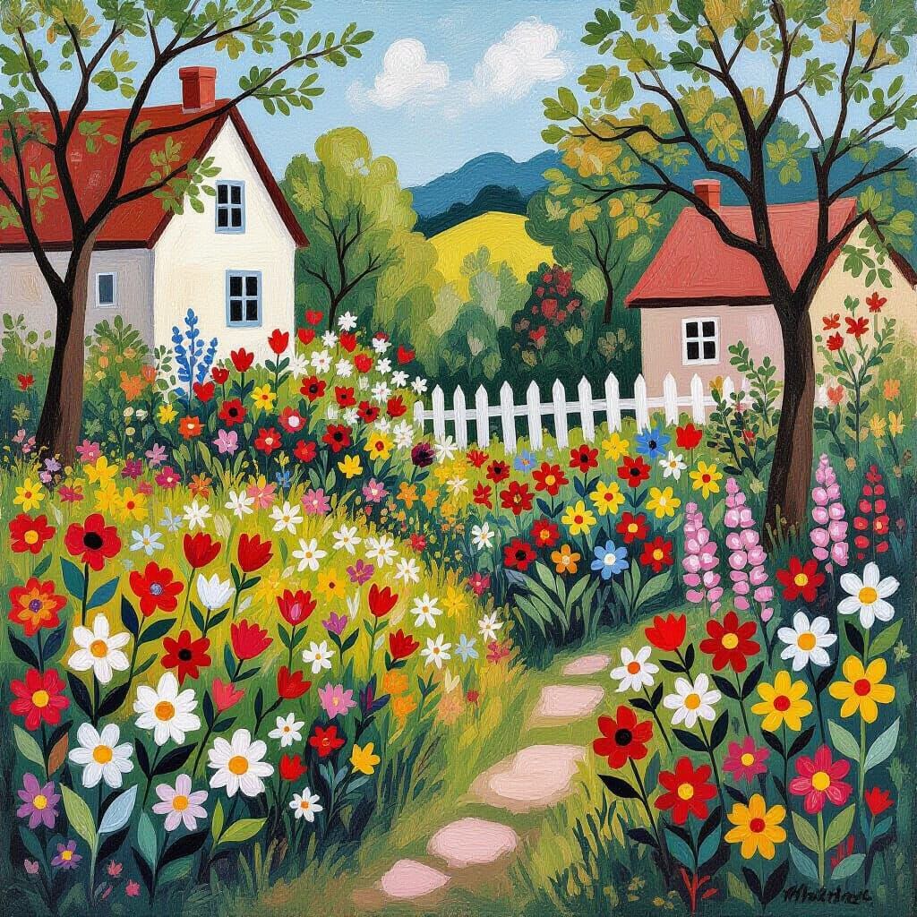 Spring Garden in Naive Art Style