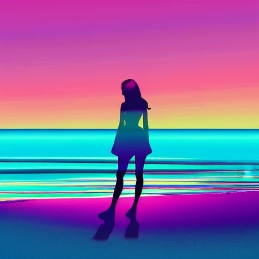 Woman's Silhouette on Beach in Neon Synthwave