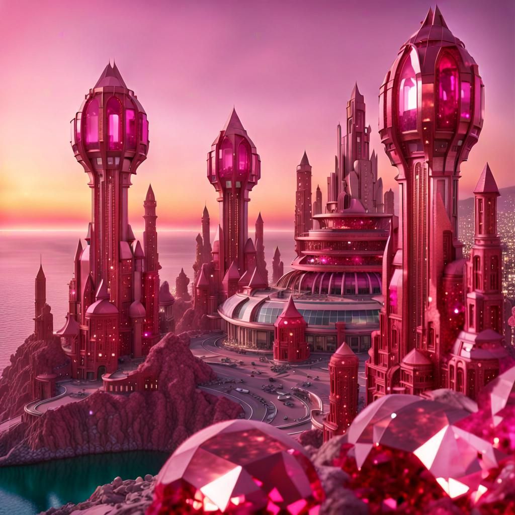 Red Beryl Crystal Megapolis: Sci-Fi Utopian Cityscape