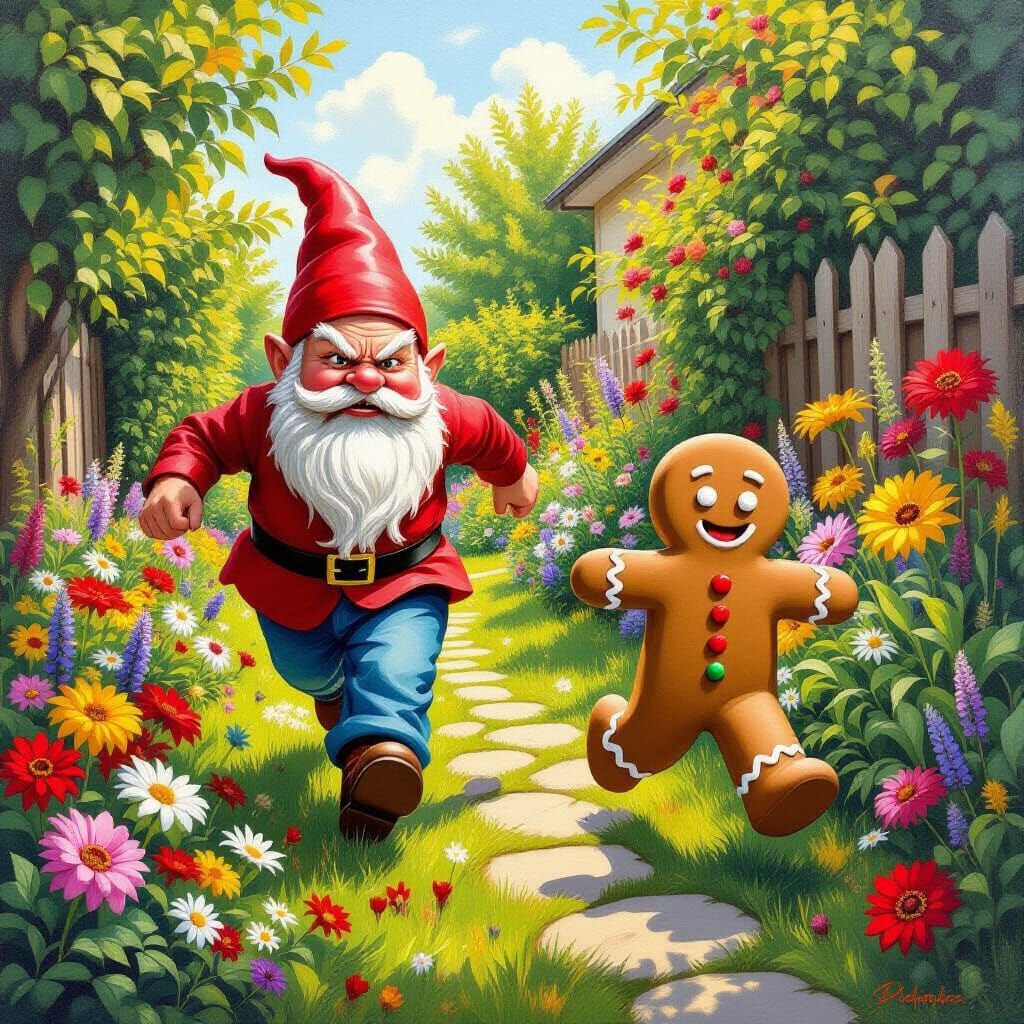 Surreal Oil Painting: Gnome Chases Gingerbread Man in Flower...