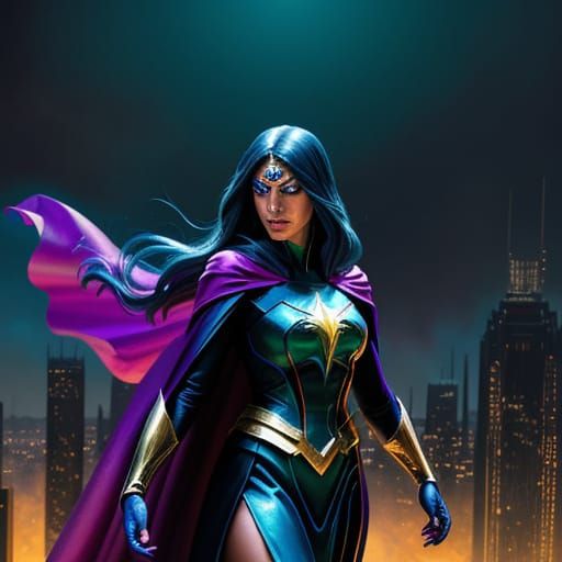 Sorceress in Superhero Suit Fights in Dark Cityscape