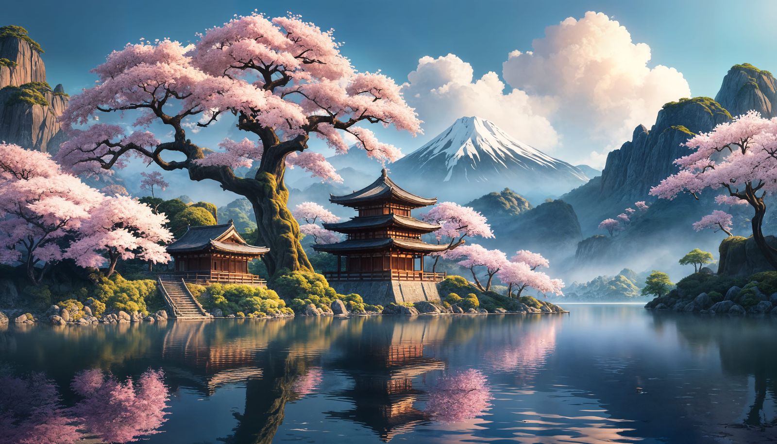 Ancient Sakura Tree Amidst Japanese Temples and Majestic Mou...