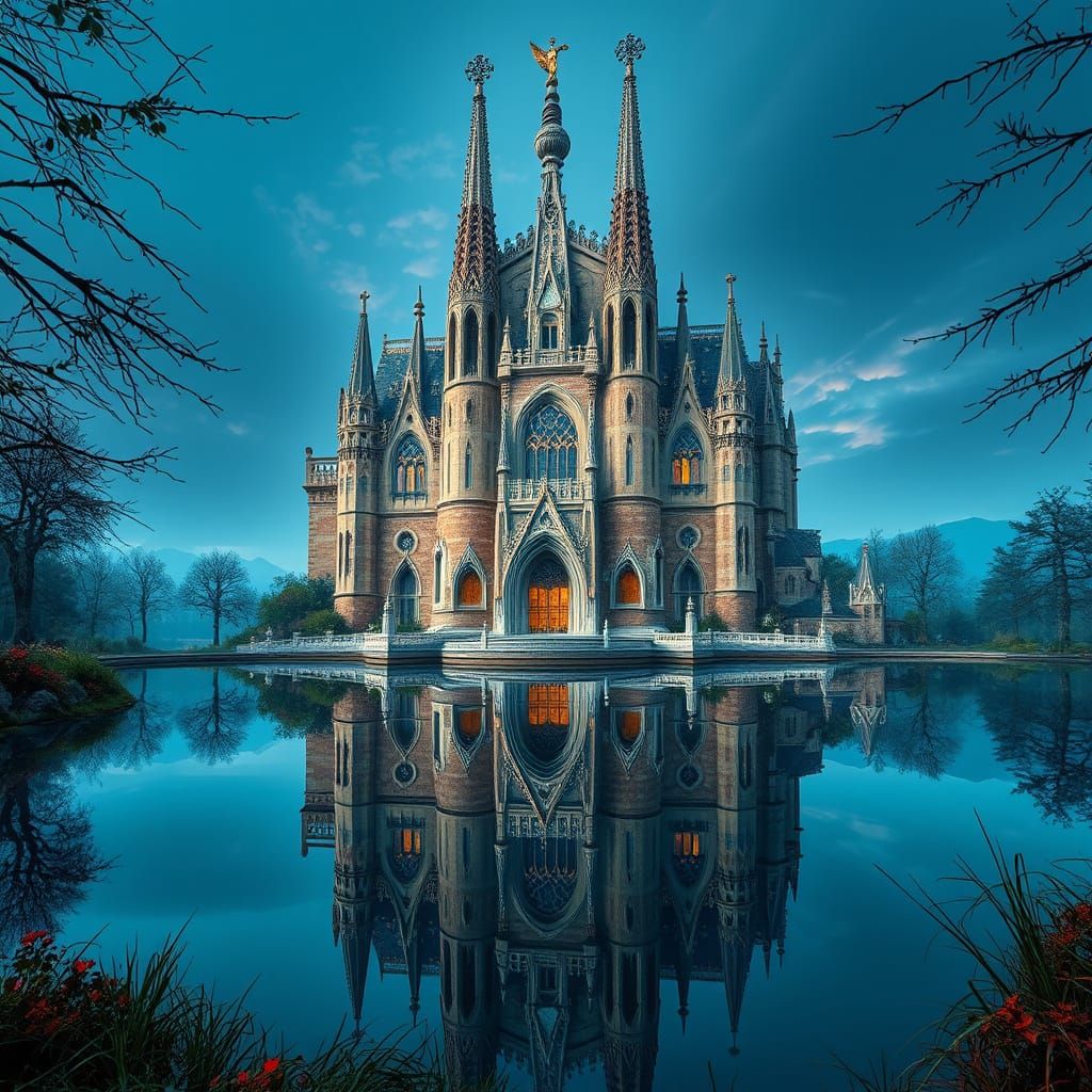 Hyper-Gaudi Castle Cathedral Reflecting on Serene Lake