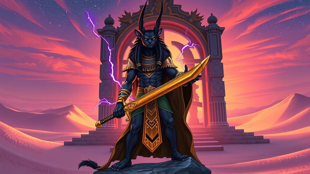 Anubis Guards Gate in Surreal Afterlife Landscape