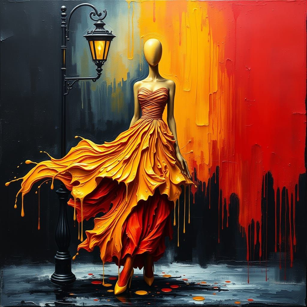 Surreal Oil Painting of Figure in Dripping Paint Dress