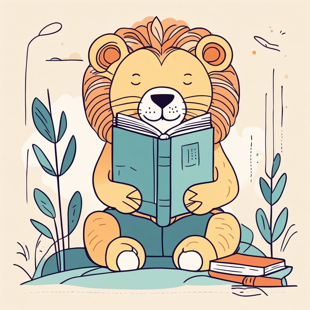 Whimsical Lion Reading in Flat Design
