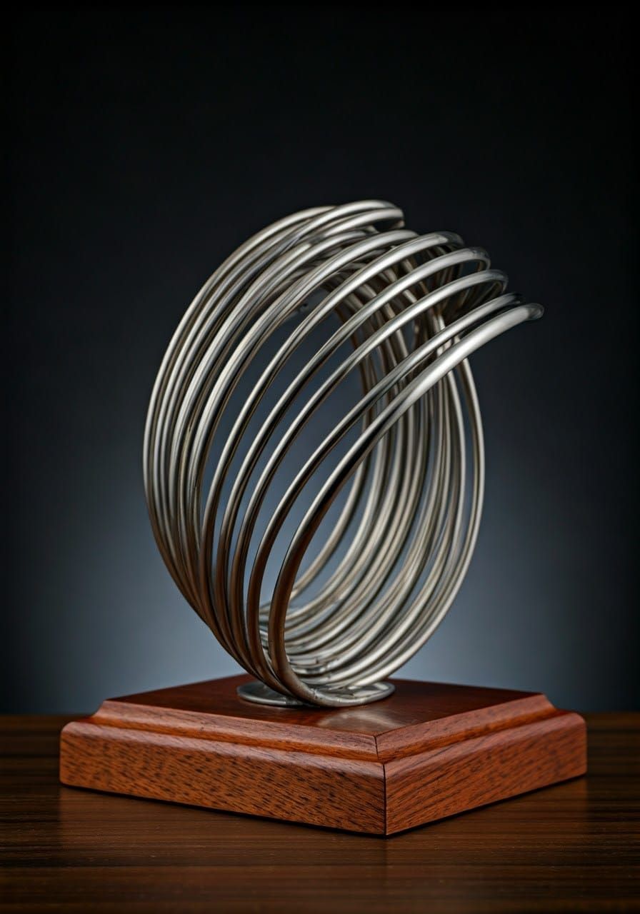 Abstract steel sculpture,  polished wood