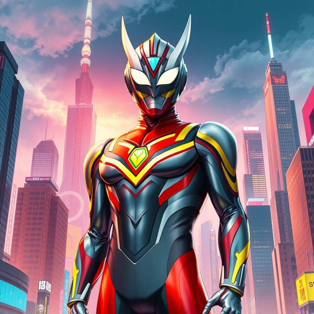 Ultraman Leader in a Sci-Fi Cityscape