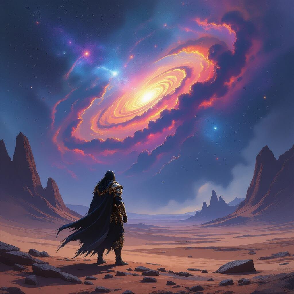 Warrior on Alien Planet Gazing at Cosmic Nebula