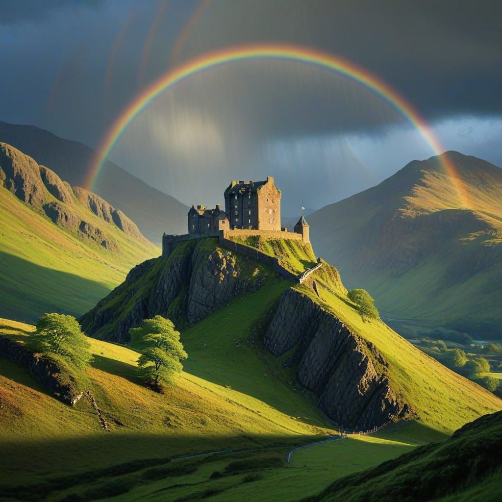 Majestic Scottish Castle Under Rainbow with Dynamic Lighting