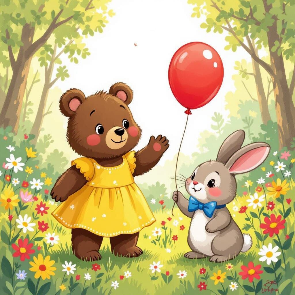 Cartoon Bear and Rabbit in Sunny Forest, Storybook Illustrat...