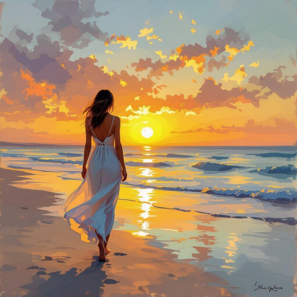 Woman Walking on Beach at Sunset in Impressionist Style