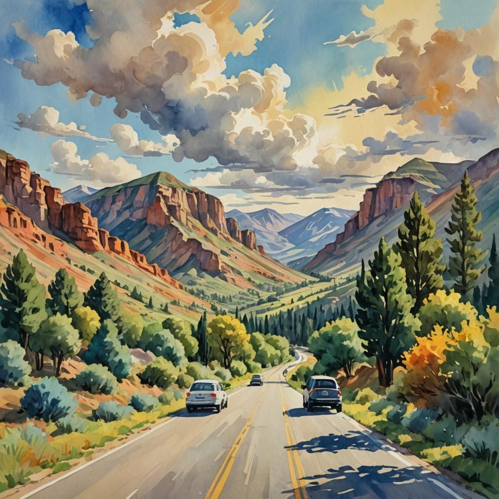 Road Trip in Gouache Watercolor Style
